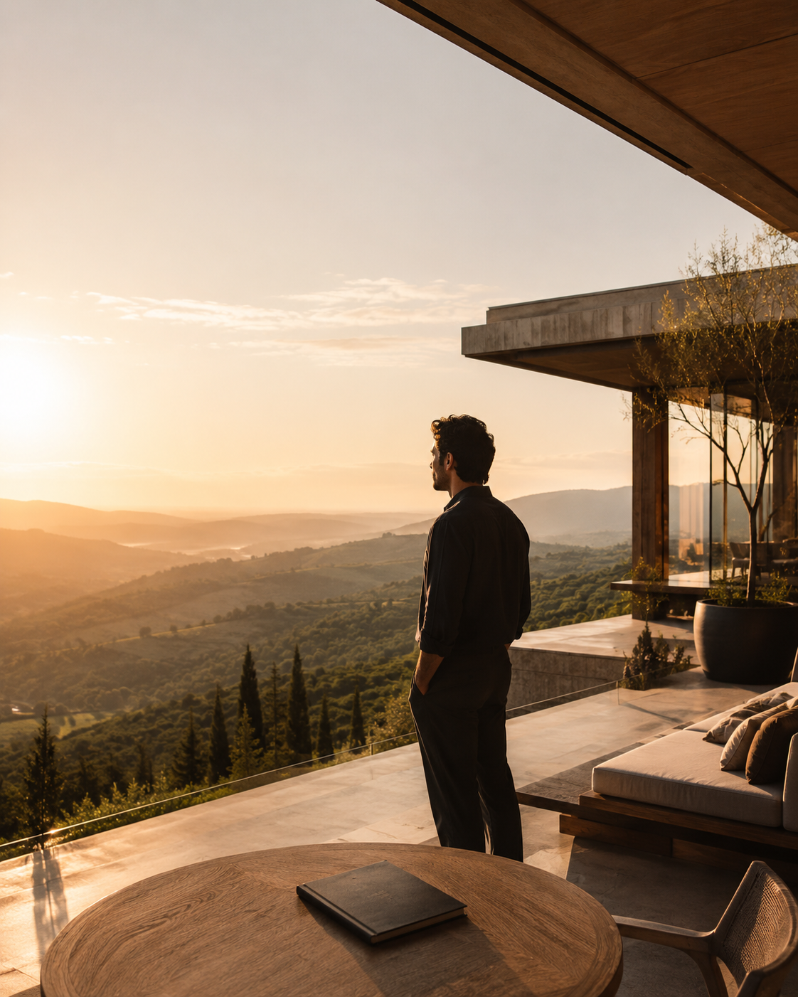Unternehmer am Morgen auf einer Terrasse mit Blick über eine weite Hügellandschaft
