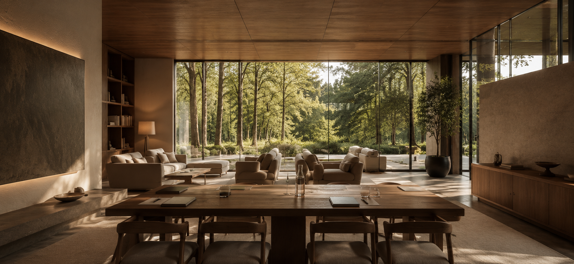 Heller Seminarraum mit Holzdecke und raumhoher Fensterfront zum Wald